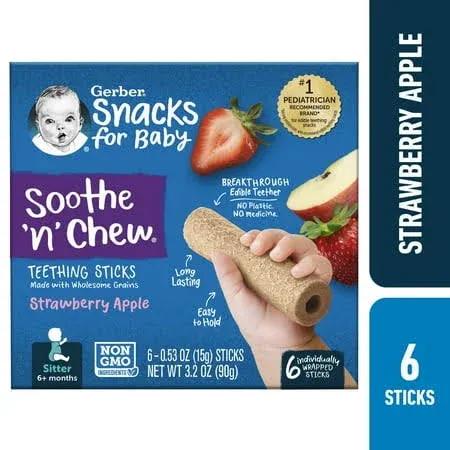 Gerber Soothe 'N' Chew Strawberry Apple Teething Sticks 6+ Months Snacks For Baby (3.2 oz)