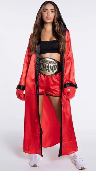 Leg Avenue womens 5 Pc Knockout Champ Boxer Costume With Crop Top, Shorts, Satin Hooded Robe, Champion Belt, Boxing Gloves