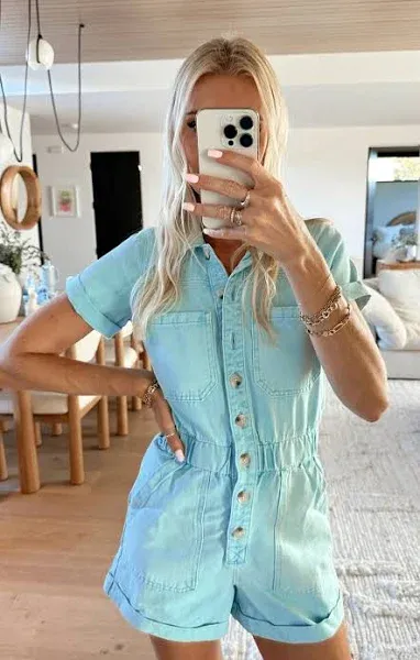 NEW SHOW ME YOUR MUMU cannon romper in spring blue denim