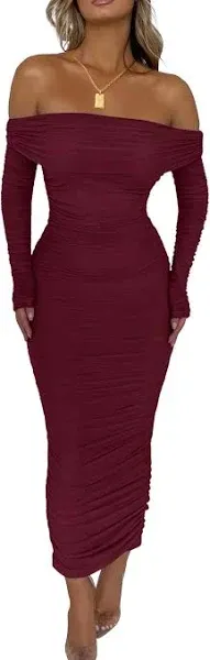 PRETTYGARDEN Women's Off Shoulder Maxi Bodycon Dress