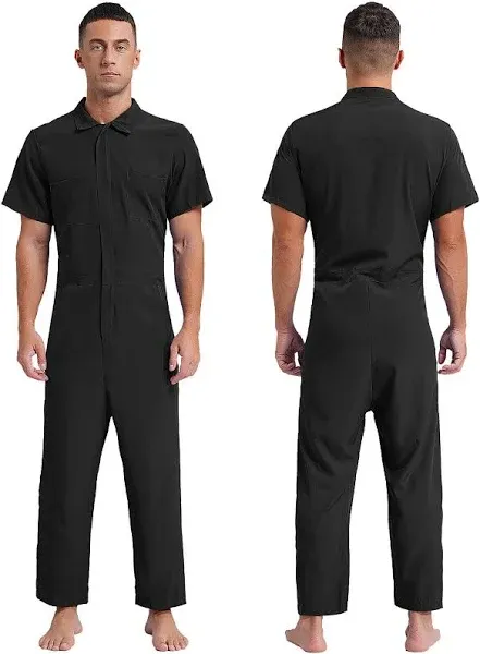 Toptie Men's Short-Sleeve Work Coverall Lightweight with Elastic Waist, Black Coverall