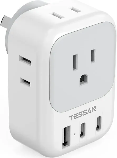 TESSAN Australia New Zealand Power Adapter USB C, Australia Power Plug Adapter with 4 Electrical Outlets 3 USB Ports (2 USB C), Power Adapter for US to Australian Argentina Fiji China Cook Islands