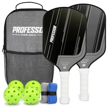 Professor Premier Pickleball Paddle Set of 2 Fiberglass Surface Paddles, 4 Balls