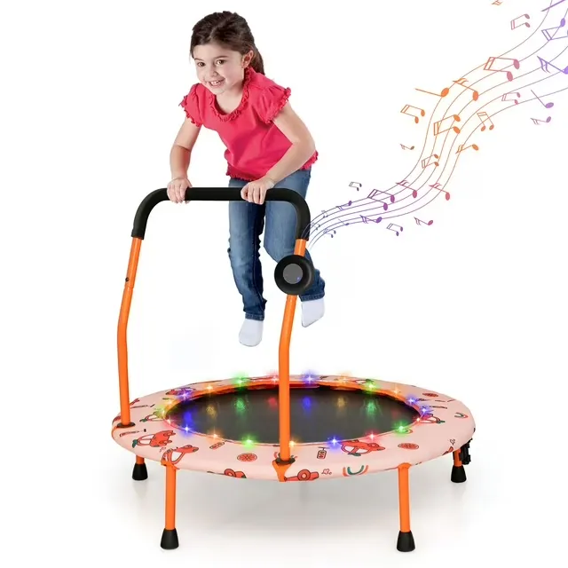 Gymax 36'' Mini Toddler Trampoline w/ LED Bluetooth Speaker Detachable Handle Kids Gifts Orange