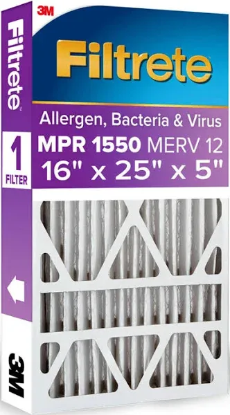 3M 1550 Filtrete Allergen Bacteria &amp; Virus Deep Pleat Filters 16x25x5 -2 PK