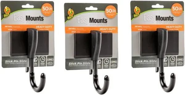 Duck Brand EasyMounts Garage Hooks Heavy Duty Hanging - Garage Storage for Ladder, Garden Tools, Extension Cord & Equipment - Wall Mount, Large Utility Hanger Hooks - Holds Up to 50 lbs, Black, 3-Pack