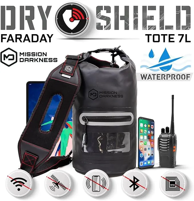 Mission Darkness Dry Shield Faraday Tote 7L Capacity // Waterproof Dry Bag for Electronic Device Security & Transport Signal Blocking Anti-Tracking EMP Shield Data Privacy Fits Phones Tablets Radios