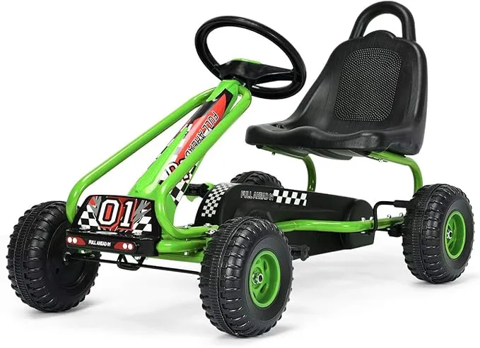 Costzon Go Kart for Kids, 4 Wheel Pedal Powered Go Cart with Adjustable Seat, Handbrake & Non-Slip Wheels, Outdoor Racer Ride On Pedal Car, Gift for Boys Girls (Green)