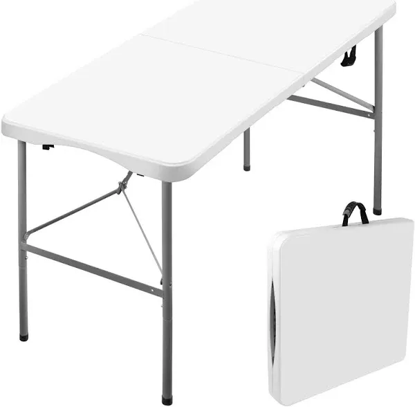 Portable Folding 4 FT Plastic Picnic Table,Indoor Outdoor Heavy Duty Foldable Table w/Handle,for Office Home Camping Party Barbecues,White