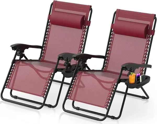 Suteck Zero Gravity Chairs Set of 2, Zero Gravity Lounge Chair w/Upgraded Lock, Big Cup Holder and Pillow, Reclining Patio Chairs Folding Recliner for Indoor and Outdoor, Claret