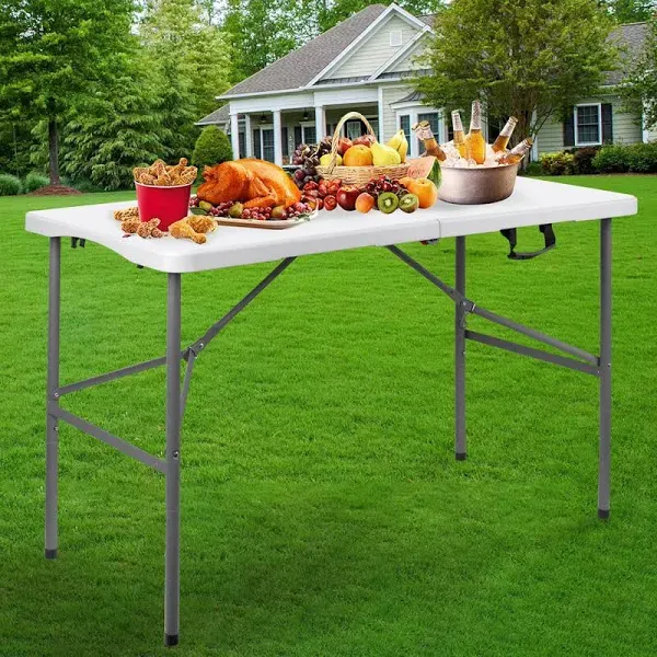 Portable 4 Foot Plastic Folding Table, Indoor Outdoor Heavy Duty Fold-In-Half Pi