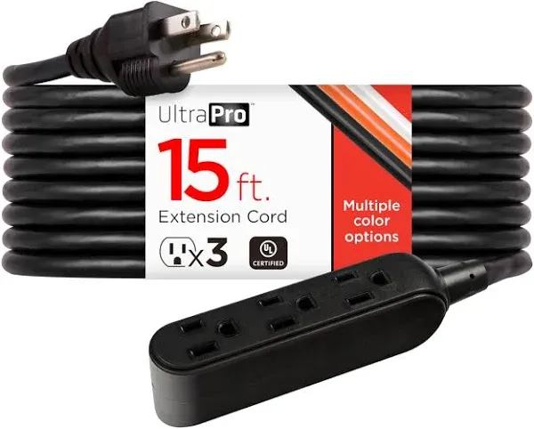 UltraPro 50 Ft Indoor Extension Cord 3 Outlet Extension Cords Outlet Power Strip Long Extension Cord with Multiple Outlets Grounded Heavy Duty Extension Cord 16 Gauge UL Listed Black 50813