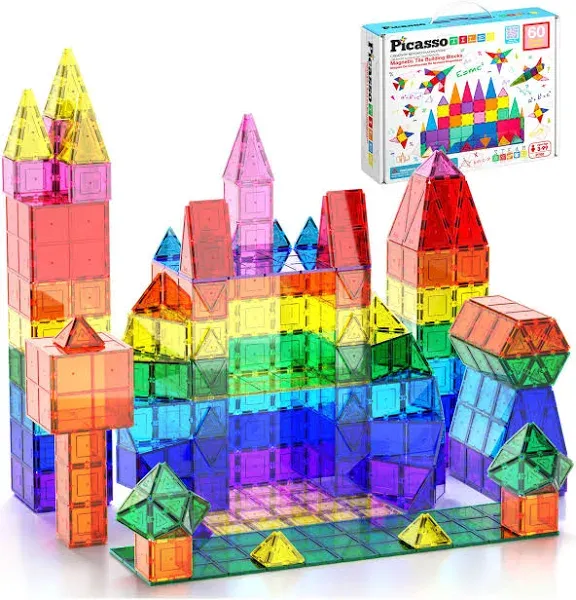 PicassoTiles 60 Piece Set 60pcs Magnet Building Tiles Clear Magnetic 3D Building Blocks Construction Playboards - Creativity Beyond Imagination, Insp