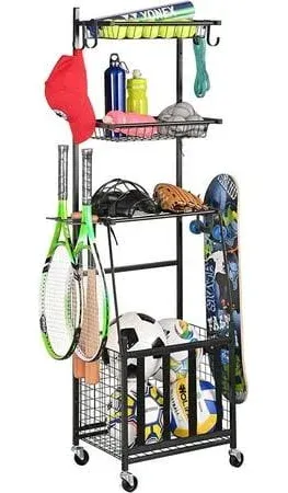 PLKOW Sports Equipment Storage for Garage, Indoor/Outdoor Sports Rack for Garage, Ball Storage Garage Organizer with Basket and Hooks,Toy/Sports