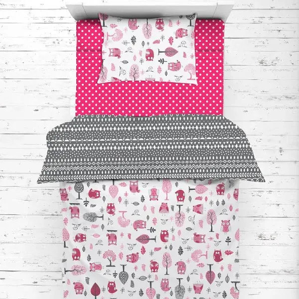 Bacati - 3 pc Toddler Sheet Set 100% Cotton Percale, Owls in the Woods Pink/Grey