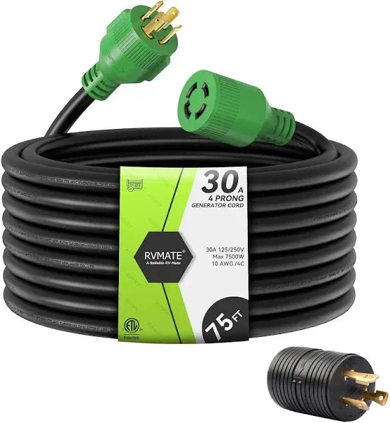 4 Prong 30 Amp 10 Foot Generator Extension Cord, NEMA L14-30P/L14-30<wbr/>R, 125/25...