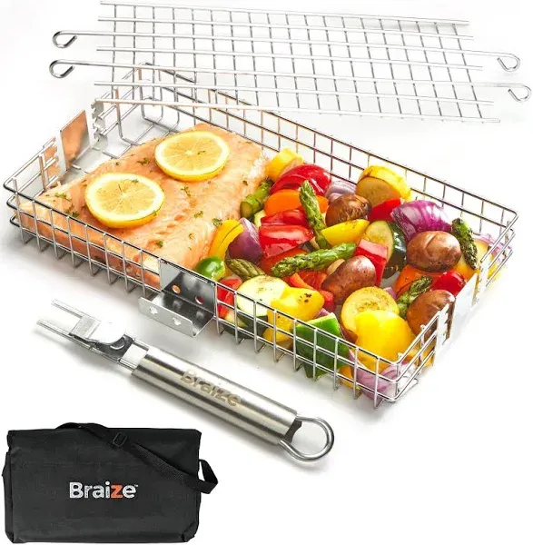 Adjustable Grill Basket with Removable Handle,Grill baskets for outdoor grill BBQ Accessories .Grill nets, fish grilling rack for grill, fish grill basket Braize