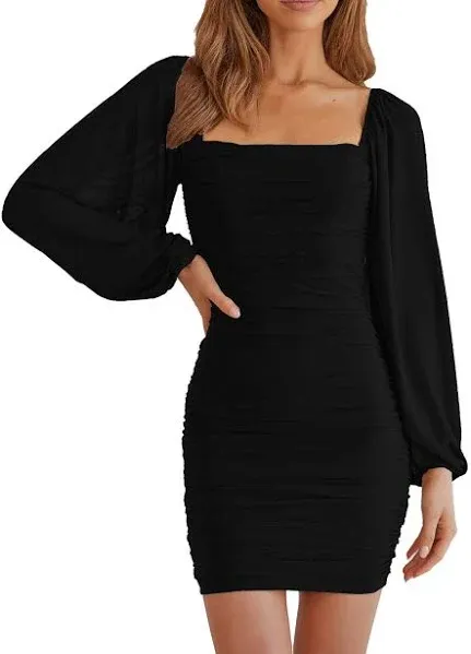 MEROKEETY Women Square Neck Lantern Long Sleeve Mesh Ruched Bodycon Clubwear Mini Dress