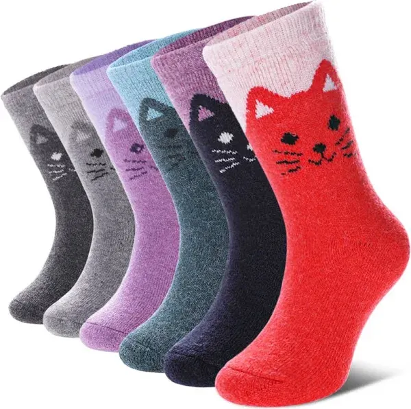  Wool Socks for Kids Boys Girls Winter Warm Wool Hiking 4-7 Years 6 Pairs Cat