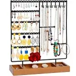 X-cosrack Earring Holder,5-Tier Ear Stud Holder with Wooden Tray,Jewelry Organizer Holder for Earrings Necklaces Bracelets Watches and Rings,Earring