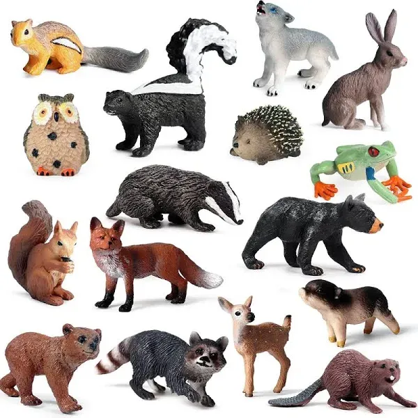 RCOMG 16pcs Forest Animal Baby Figures - Woodland Creatures Miniature Set, Cake Toppers, Educational Birthday Gifts for Kids & Toddlers