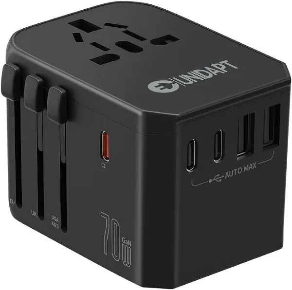 Unidapt Universal Travel Adapter International Travel Plug Adapter with UK EU AU US Plugs 70W Gan 3USBC PD 2usba QC Worldw