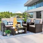 Shintenchi Outdoor Patio Furniture 4 Piece Set, Wicker Rattan Sectional Sofa Couch with Glass Coffee Table | Brown