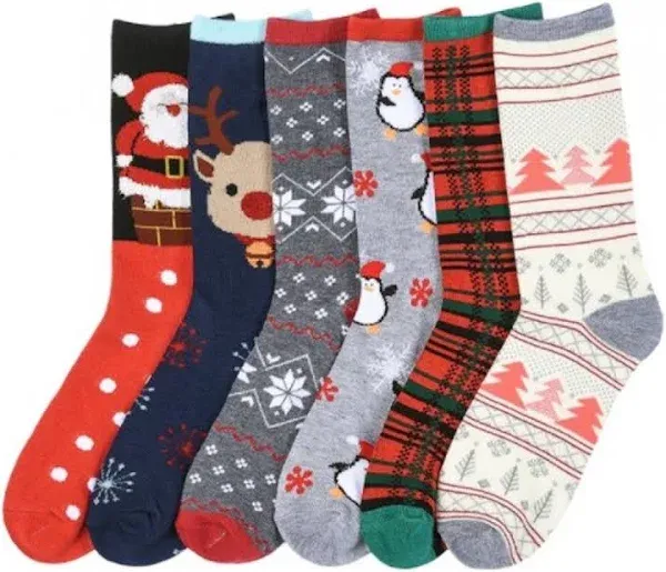 I&S 6 Pairs Crew Socks, Printed Fun Colorful Festive, Crew Knee Cozy Socks Women Fancy Christmas Holiday Design Soft