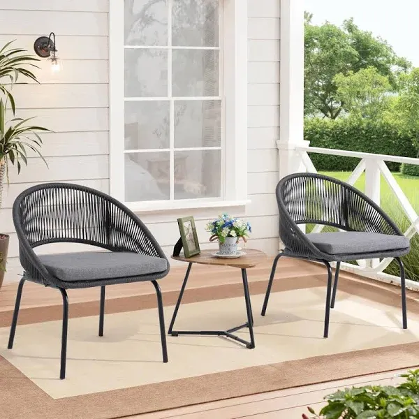 3 Pieces Woven Rope Bistro Set, Patio Outdoor Furniture Conversation S