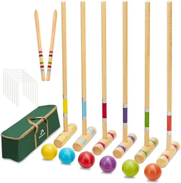 ApudArmis Six Player Croquet Set with Premiun Rubber Wooden Mallets 28In