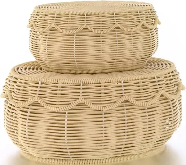 Wicker Storage Basket with lid Hand Woven Rattan Basket Small Scalloped Baske...