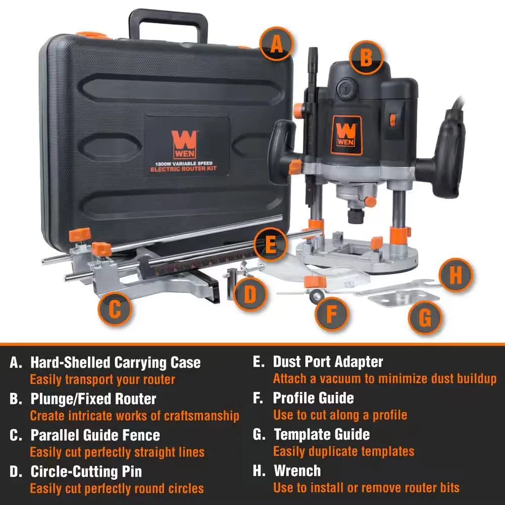 WEN RT6033 15-Amp Variable Speed Plunge Woodworking Router Kit with Carrying Case & Edge Guide