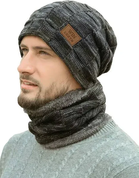  Mens Winter Beanie Hat Scarf Set Warm Fleece Lined Knit Ski Hats Slouchy Grey