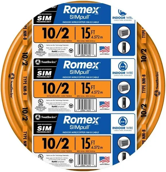 Southwire 28829026 10/2 AWG Romex SIMpull 15' NM B Cable with Ground