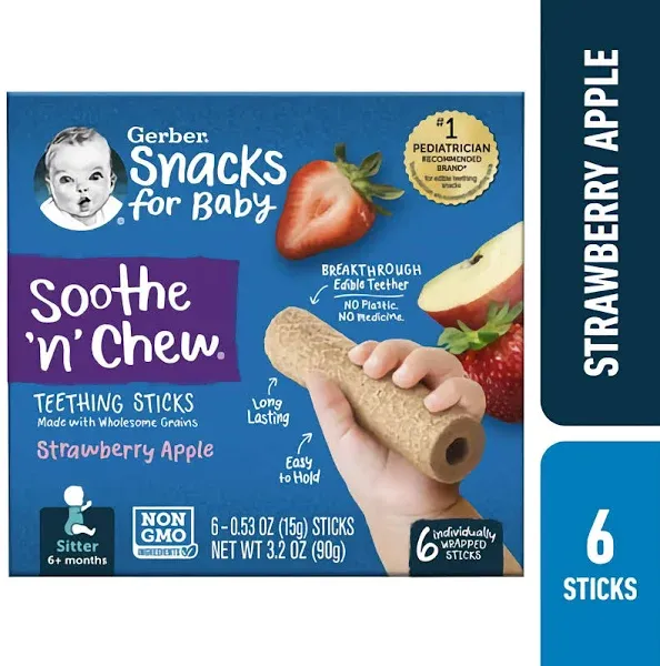 Gerber Soothe 'N' Chew Strawberry Apple Teething Sticks 6+ Months Snacks For Baby (3.2 oz)