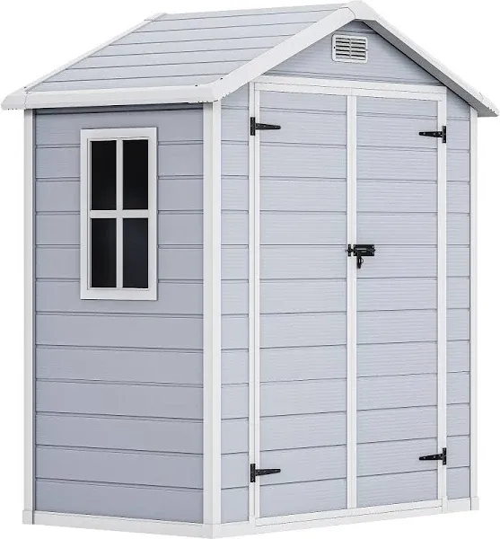 DWVO 6x4.4 FT Resin Storage Shed with Reinforced Floor, Outdoor Storage Shed with Lockable Door, Window and Vents, Waterproof Plastic Tool Storage for Garden, Backyard, Patio, Lawn