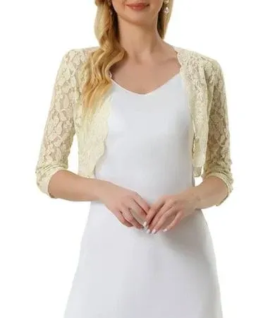 Allegra K Women's Elegant 3/4 Sleeve Sheer Floral Lace Shrug Top