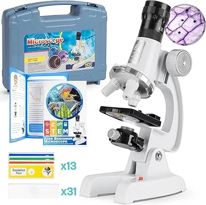 Kids Beginner Microscope Science Kit with 100X-1200X [2024 New] Microscope, 13 Prepared Slides & DIY Blank Slides, 18MM HD Len, LED Light Adjustable and ABS Box, Microscope for Kids 5-7 8-12