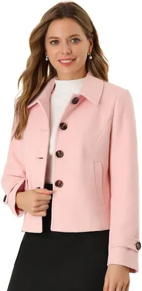 Allegra K Women's Turn Down Collar Long Sleeve Single Breasted Winter Pea Coat