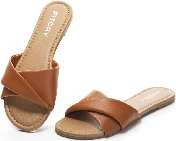 FITORY Women&#x27;s Flat Sandals Fashion Slides With Soft Leather size 8