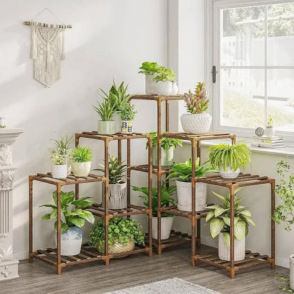 Bamworld Plant Stand Indoor Outdoor Corner Shelf 11 Potted Large Holder for Multiple Plants Wooden Tall Stands Combo Table Rack