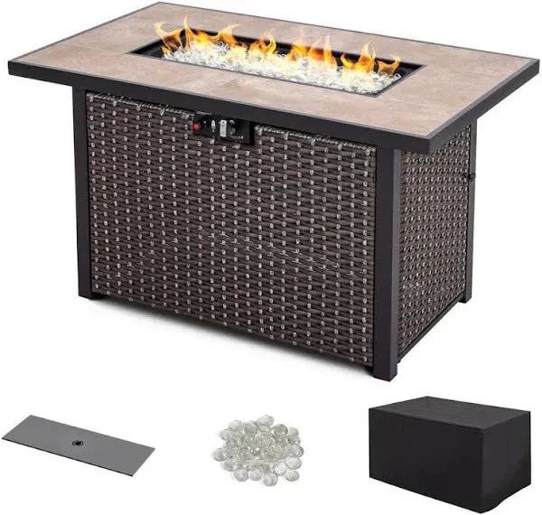 43 in. Wicker Outdoor Propane Gas Fire Pit Table with Ceramic Tabletop and Oxford Cover