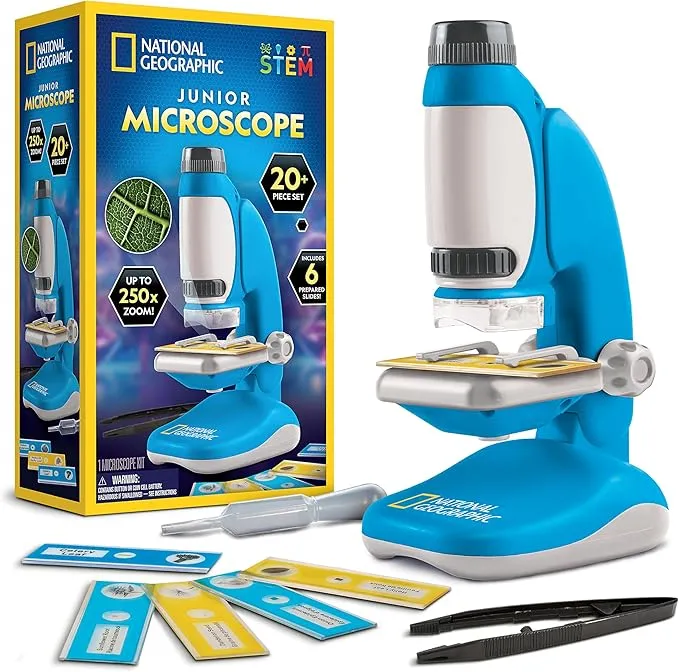 National Geographic Junior Microscope Science Kit - Up to 250x Magnification, 6 Prepared & 6 Blank Slides, Tweezers, Pipette, Lab Guide & More