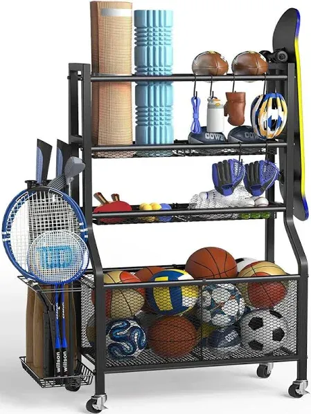 PLKOW Sports Equipment Storage for Garage, Indoor/Outdoor Sports Rack for Garage, Ball Storage Garage Organizer with Basket and Hooks,Toy/Sports