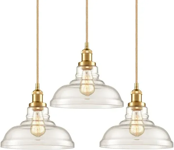 CLAXY Industrial Brass/Gold Pendant Lights Glass Dome Kitchen Hanging Light Fixture-3 Pack