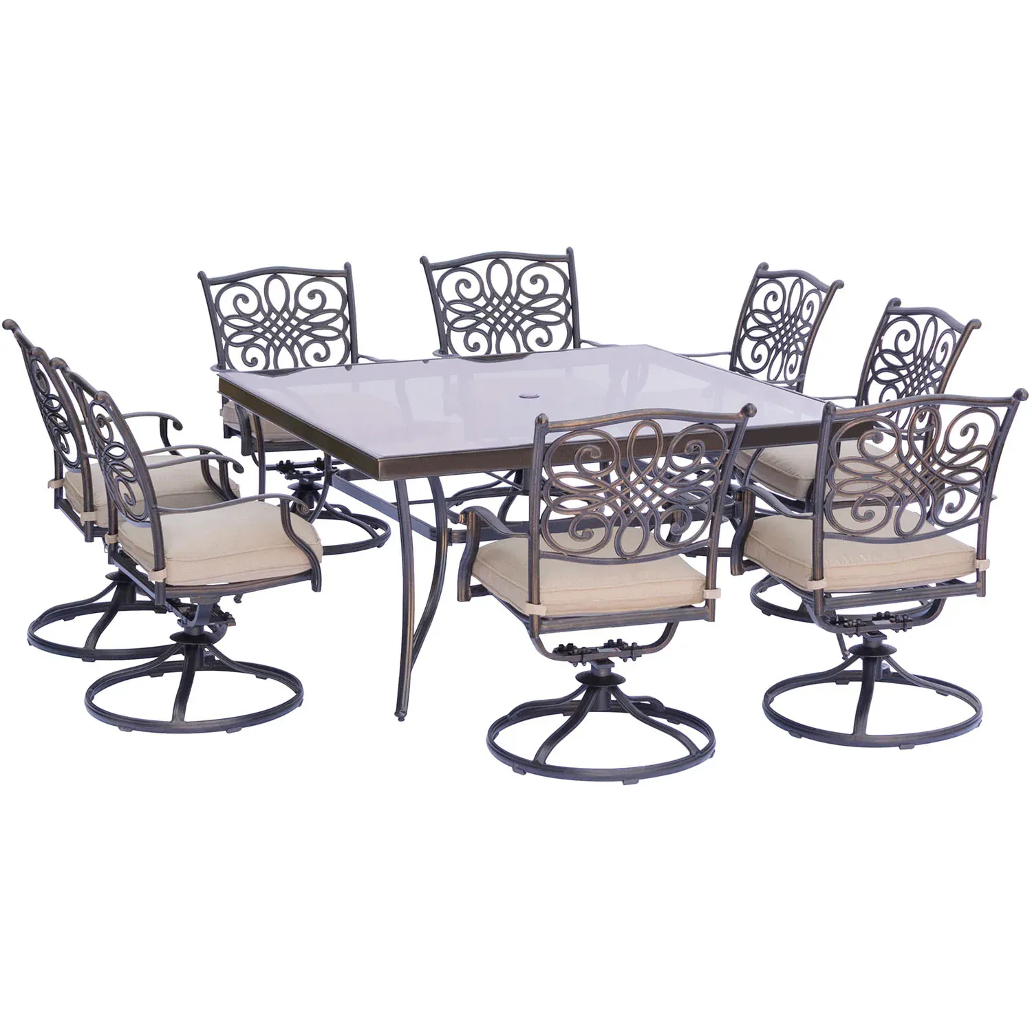 Hanover Traditions 9-Piece Bronze Patio Dining Set Aluminum Square Table with 8 Tan Cushions Swivel Rocker Chairs