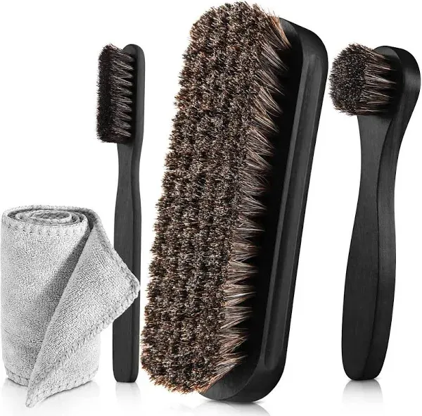 4 Pcs Horsehair Shine Shoes Brush Kit Polish Dauber Applicators Cleaning Leather Shoes Boots Care Brushes Suede Cleaner Brush with Microfiber Shoe Cloth(4 Pcs Black D)