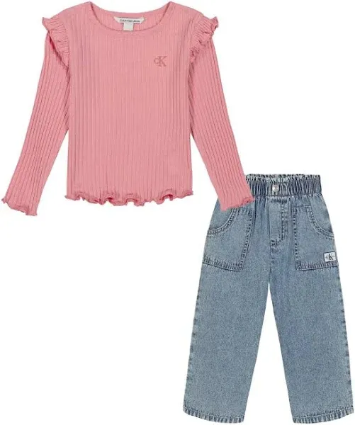 Calvin Klein Little Girls 2T-6X Long Sleeve Rib-Knit Top Jeans Set