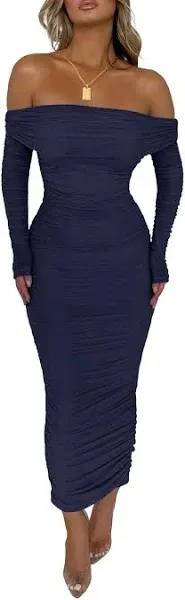 PRETTYGARDEN Women's Fall Off Shoulder Maxi Bodycon Dress Long Sleeve Ruched Fitted Club Dresses