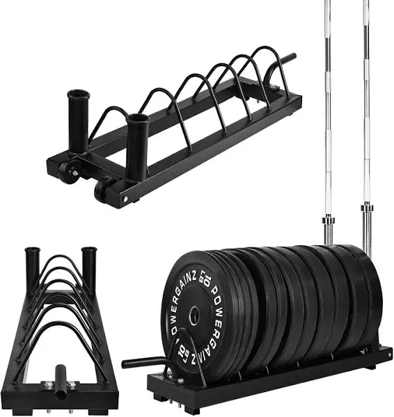 Fitvids Horizontal Plate and Olympic Bar Rack Organizer with Steel Frame and Transport Wheels